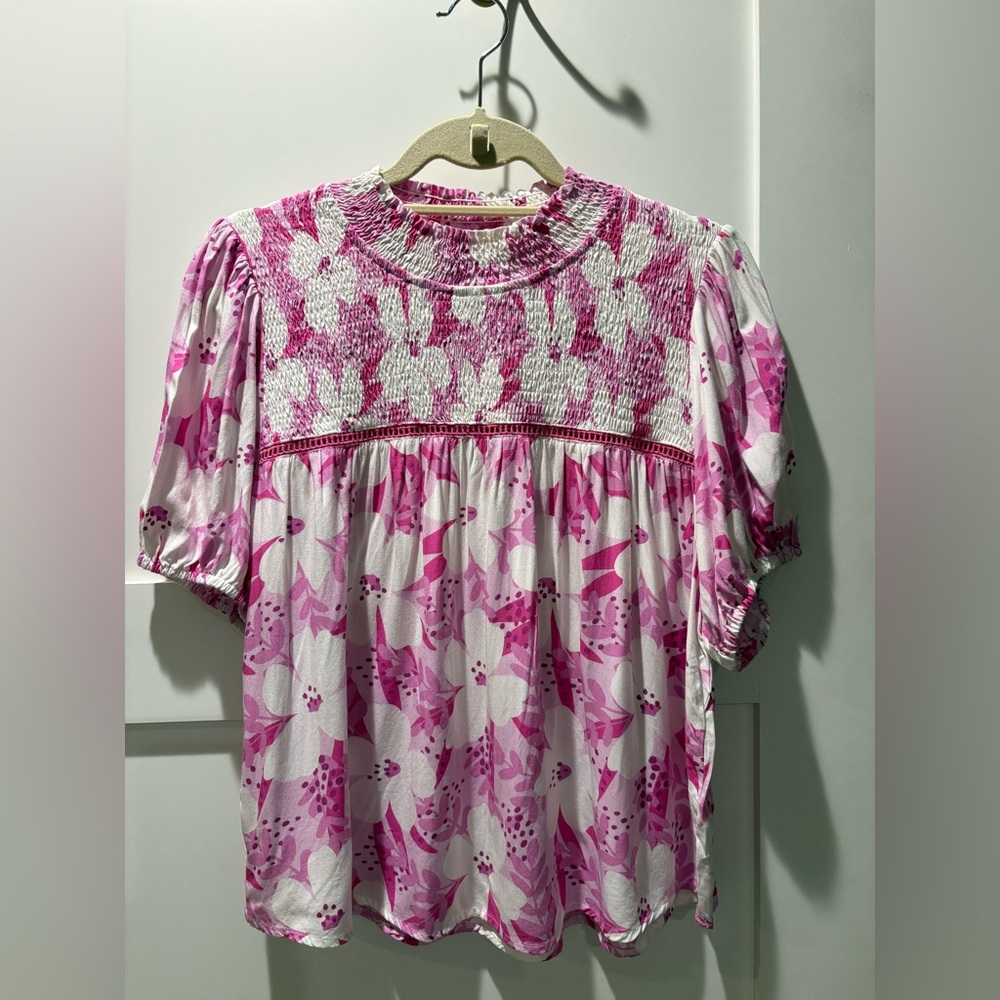 THML smocked & embroidered Pink and White Floral Patterned Fabric